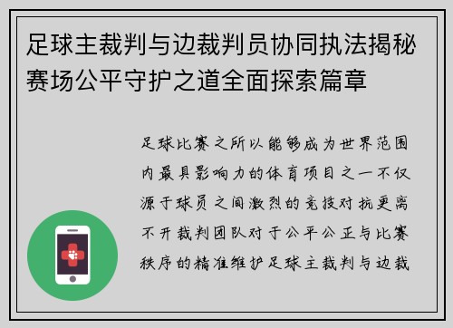 足球主裁判与边裁判员协同执法揭秘赛场公平守护之道全面探索篇章